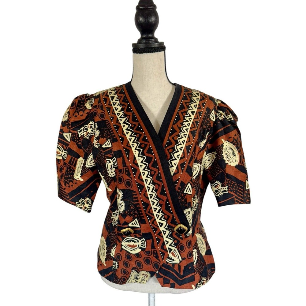 VTG Rickie Freeman Terri Jon SAKS Crop Wrap Jacket Tribal Geometric Linen Size 8